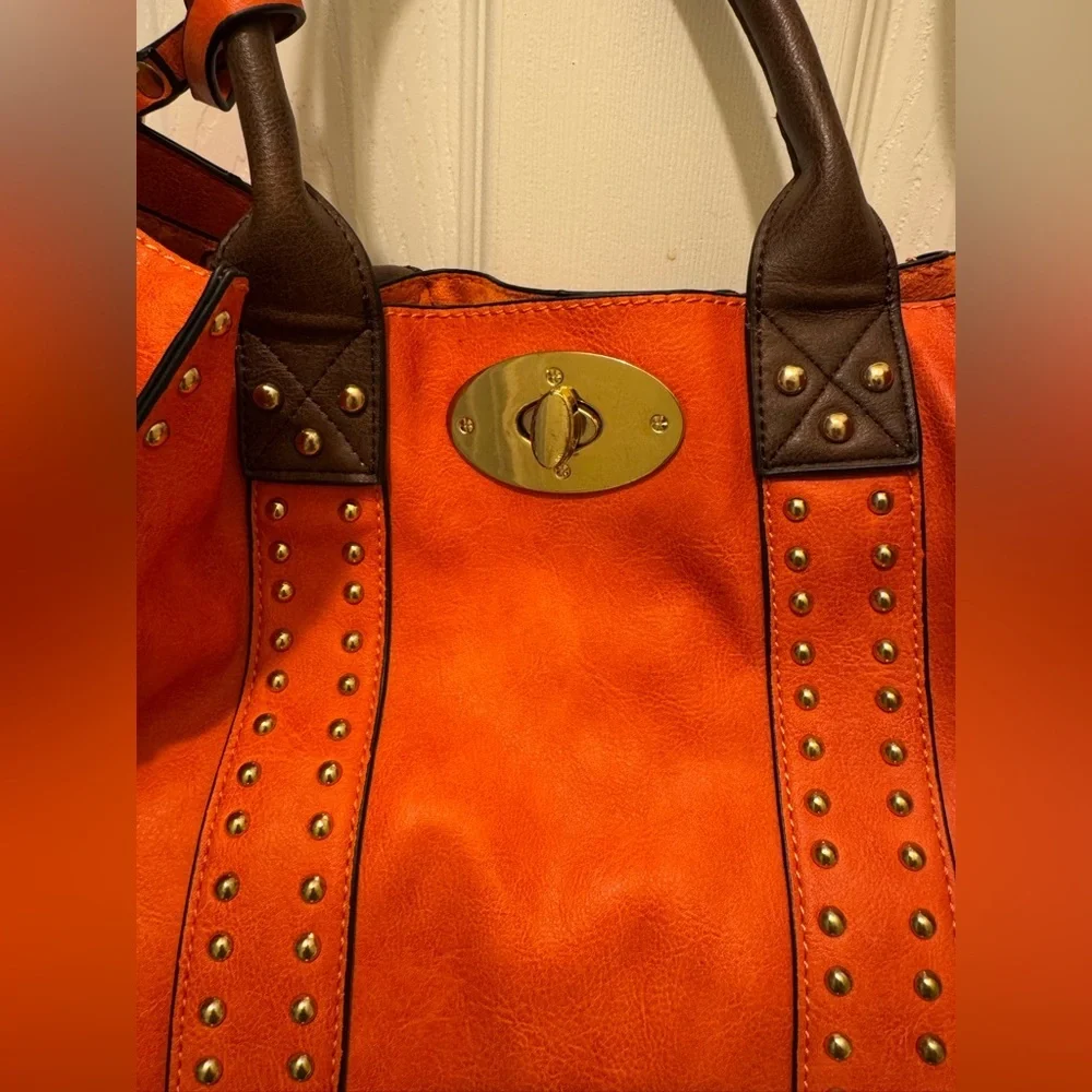 Alyssa Orange and Brown Leather‎ Shoulder Bag with Gold Clasp
